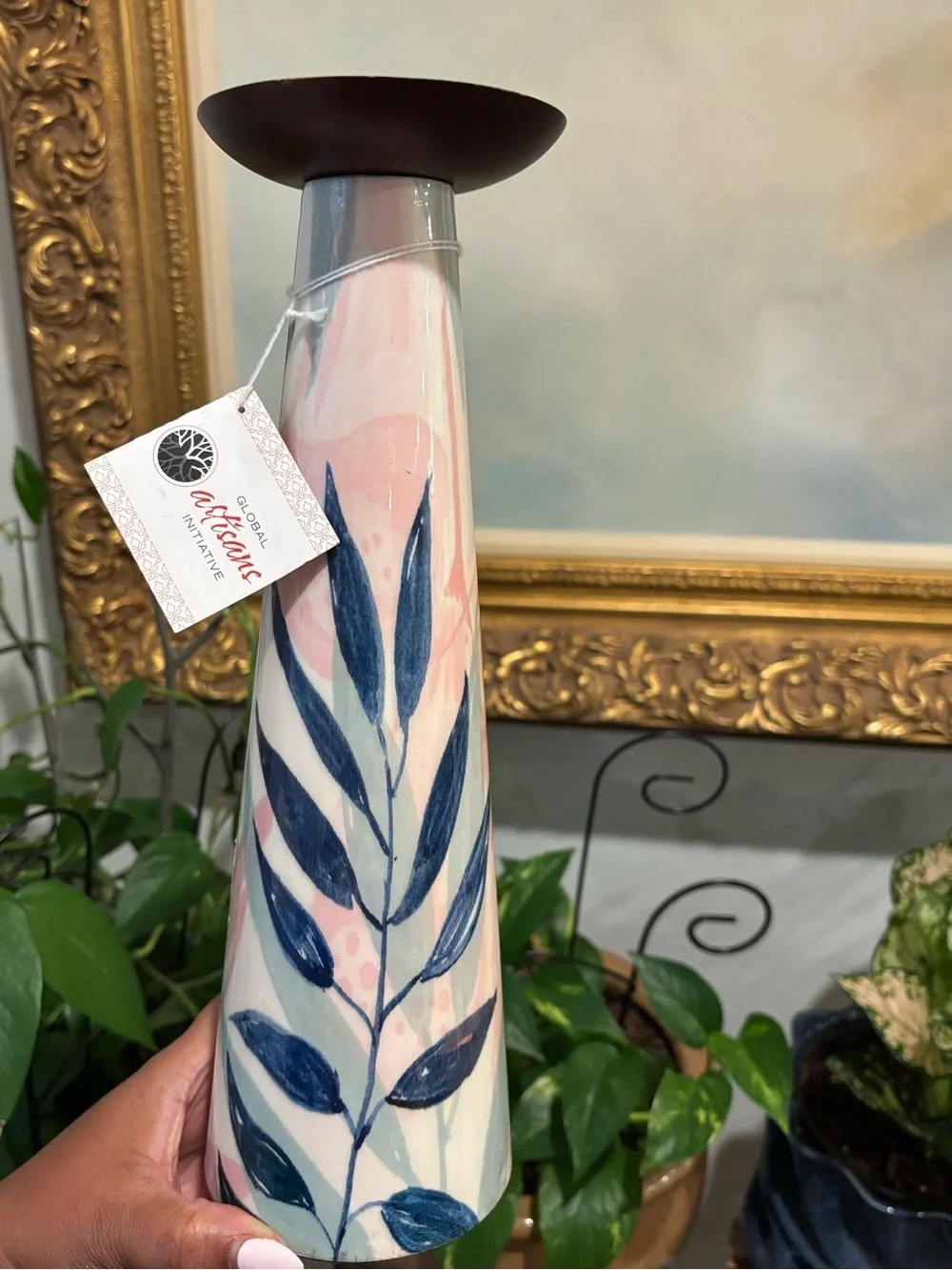 Global Artisans Blue & Pink Leaf Candle Holder